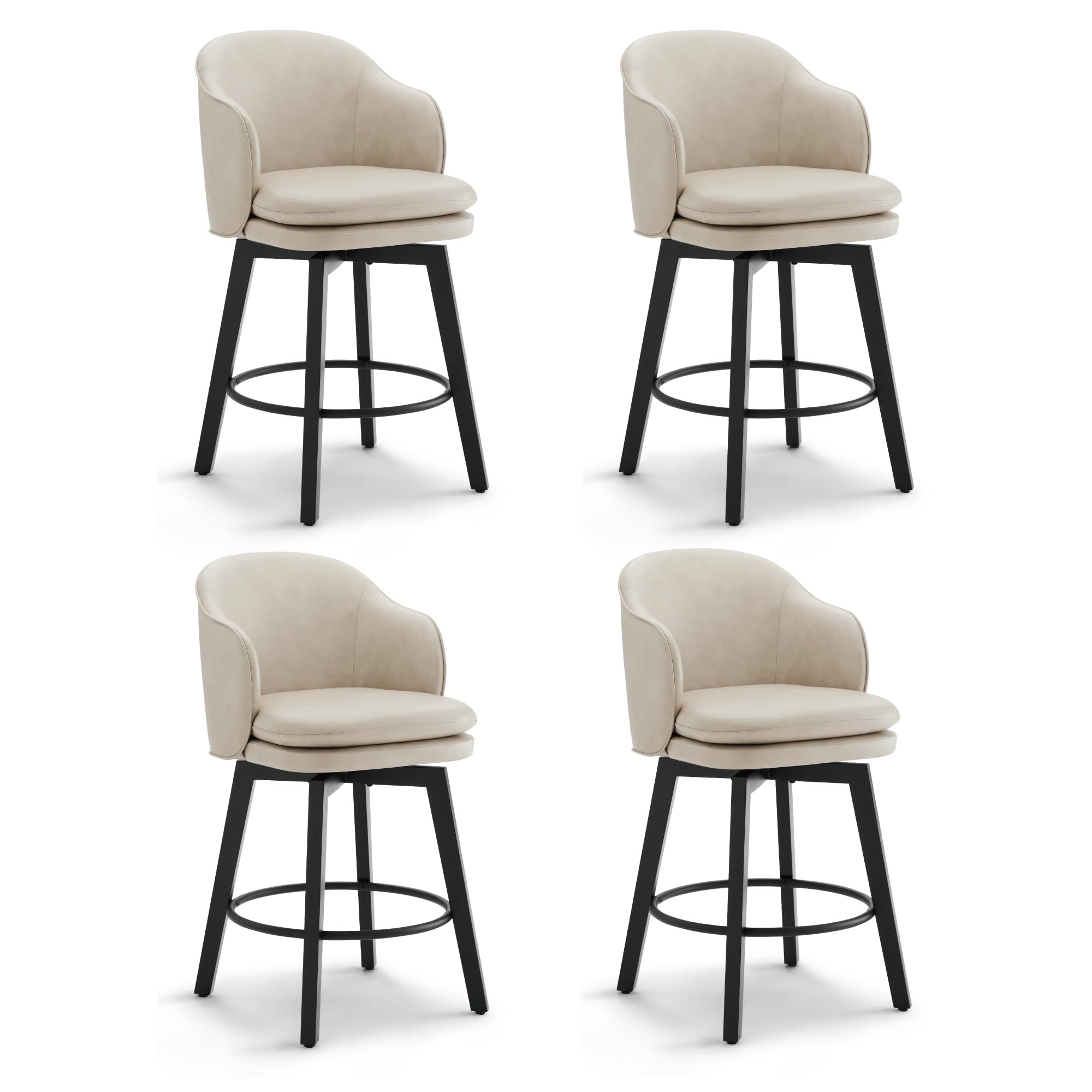 Counter Height Barstools 26 inch Upholstered Swivel Bar Stools with Back and Wood Legs for Kitchen Island,Set of 4,Beige PU Leat