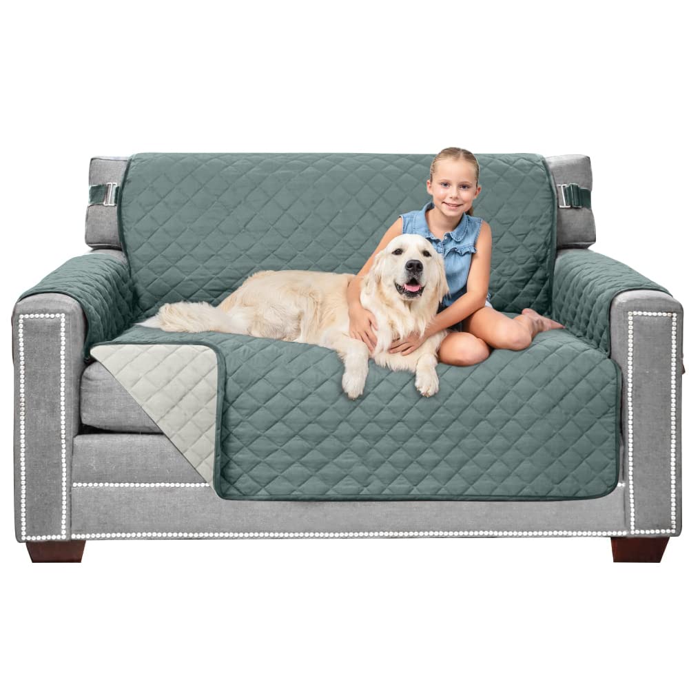 Sofa Shield Patented Slipcover, Reversible Tear Resistant Soft Quilted Microfiber, 54 Inch Seat Width, Durable Furniture Stain Protector With Straps, Washable Couch Cover For Dogs, Kids, Seafoam/Cream