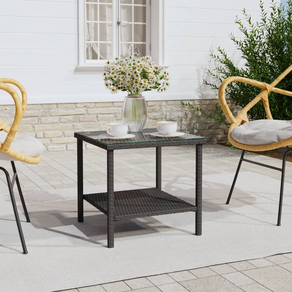 vidaXL Black Poly Rattan Side Table - Tempered Glass Tabletop - Durable Powder-Coated Steel Frame - Additional Storage Shelf - Indoors and Outdoors Applicable - Dimensions: 17.7”x17.7”x17.7”