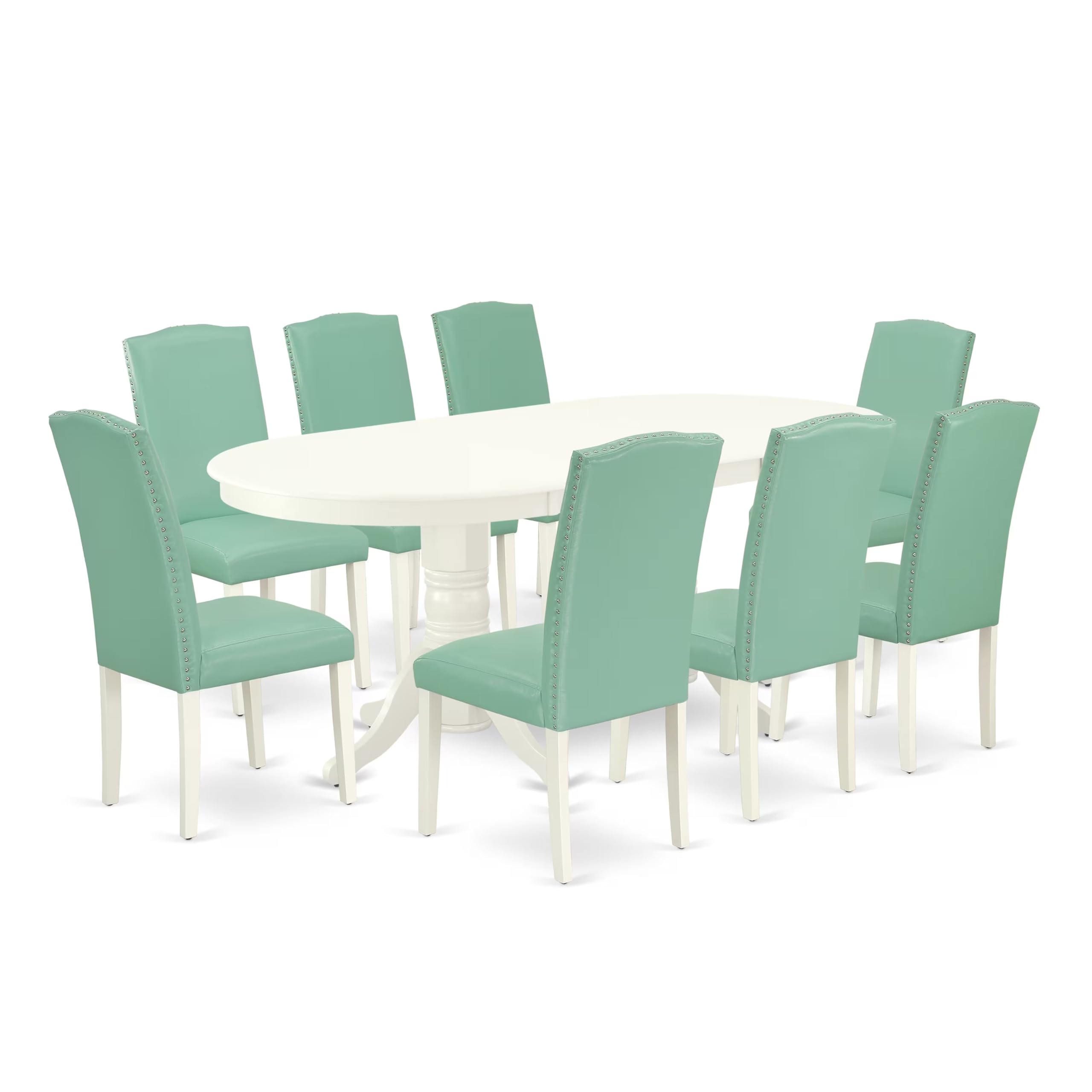 East West Furniture Vaen9-Lwh-57 9 Piece Dining Room Table Set Includes An Oval Kitchen Table With Butterfly Leaf And 8 Pond Faux Leather Parson Dining Chairs, 40X76 Inch, Linen White
