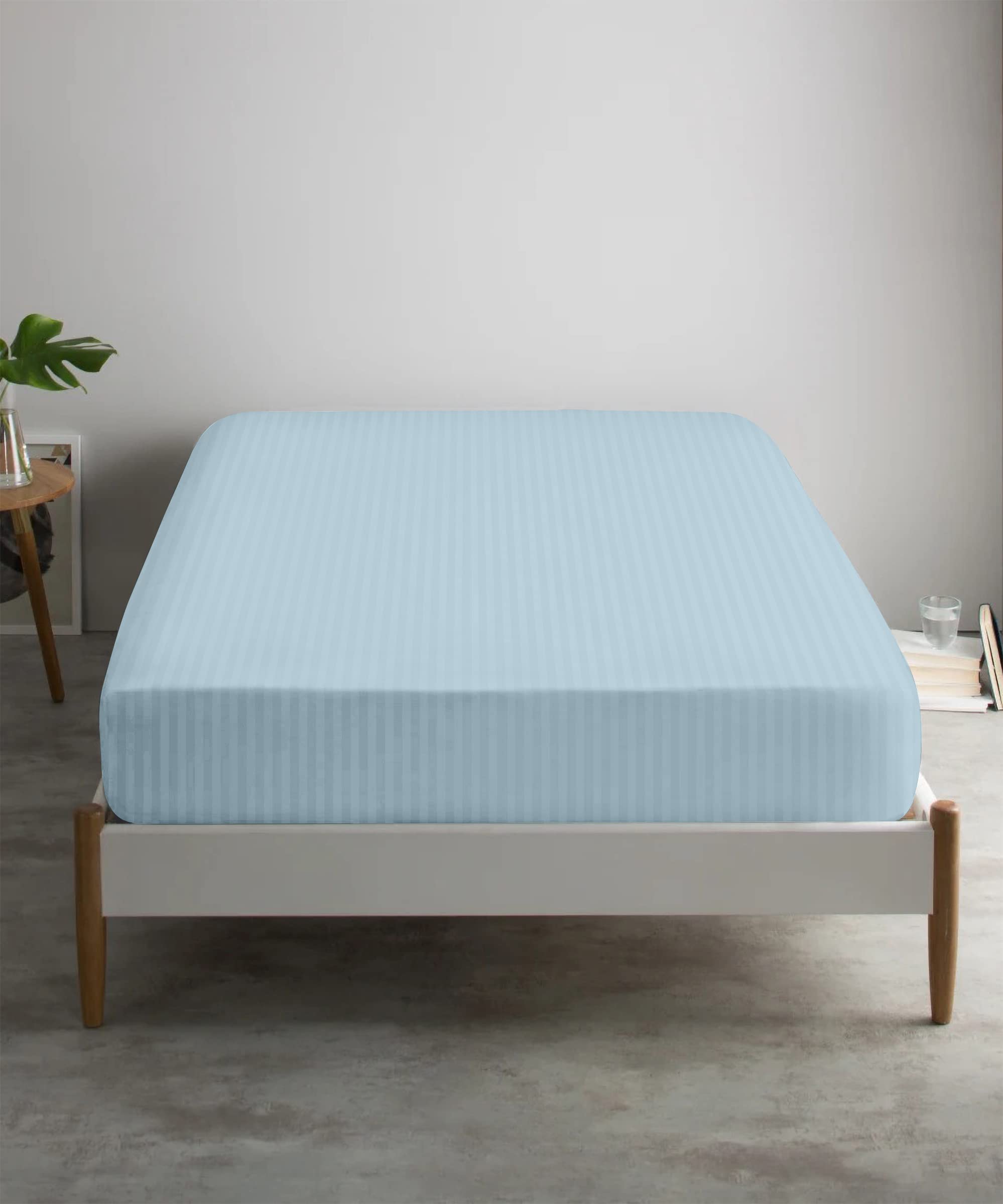 Feather & Stitch 100% Cotton 1 Piece Damask Stripe Queen Fitted Sheet 500 Thread Count Aqua 18 Inch Extra Deep Pocket Luxury Sateen Weave Stretchable Boxer Elastic Fits Mattress Perfectly