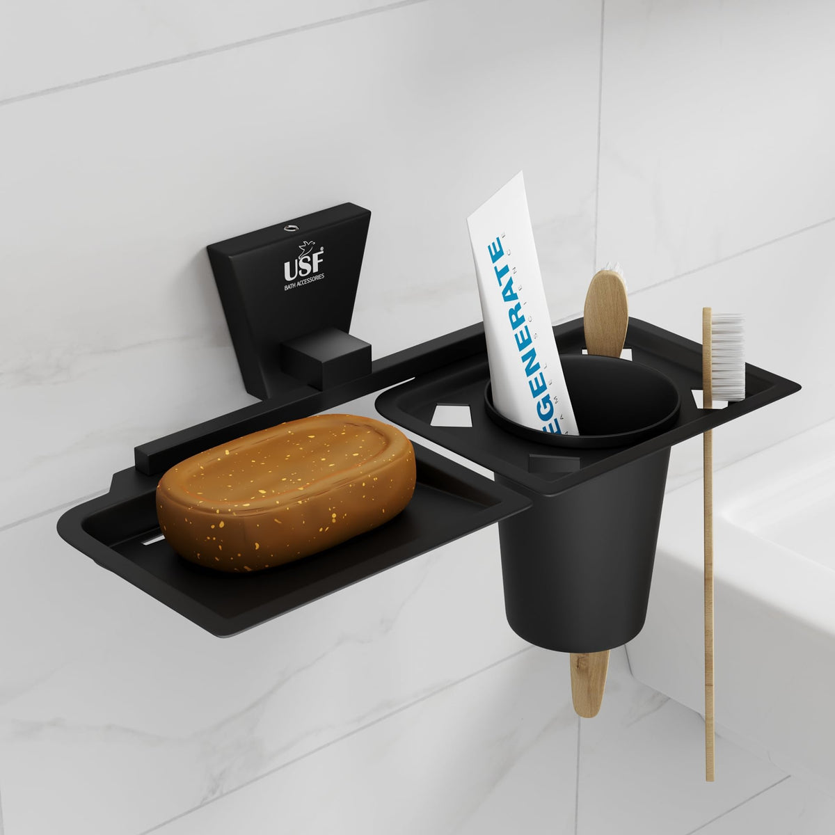 USF 304 Stainless Steel Soap Holder with Toothbrush Holder for Bathroom, Wall Mounted Soap & Brush Stand for Wash Basin Area, Sp