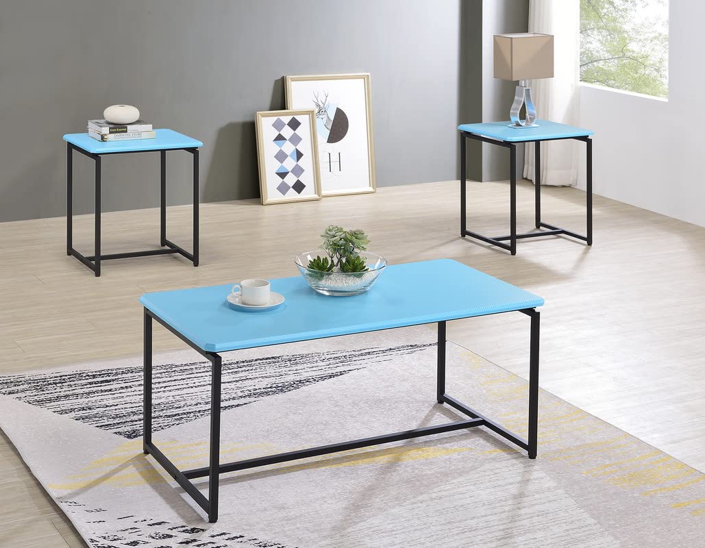 Lilola Home GT 3 Piece Blue Carbon Fiber Wrap Coffee Table and End Table Set