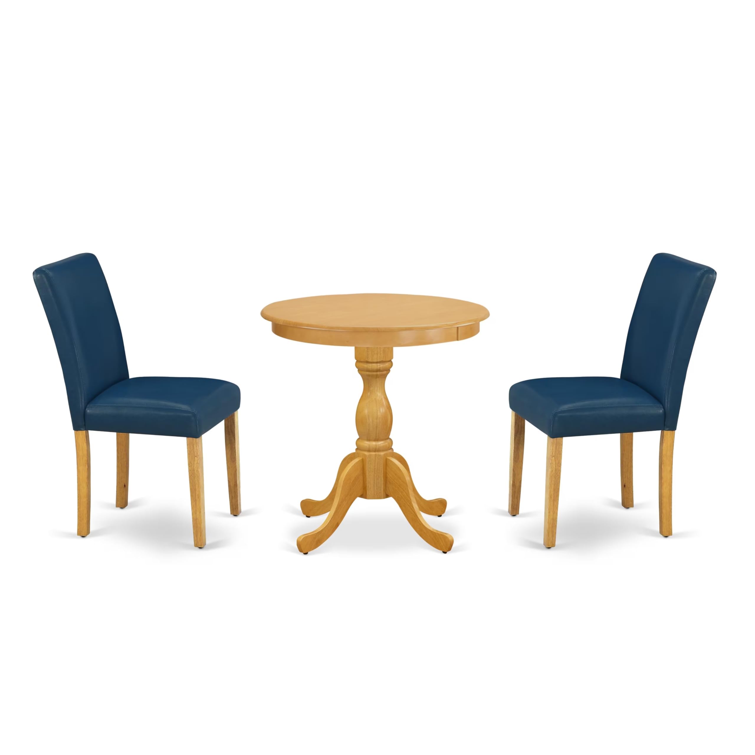 East West Furniture Esab3-Oak-55 3 Piece Dining Room Furniture Set Contains A Round Dining Table With Pedestal And 2 Oasis Blue Faux Leather Upholstered Chairs, 30X30 Inch, Oak