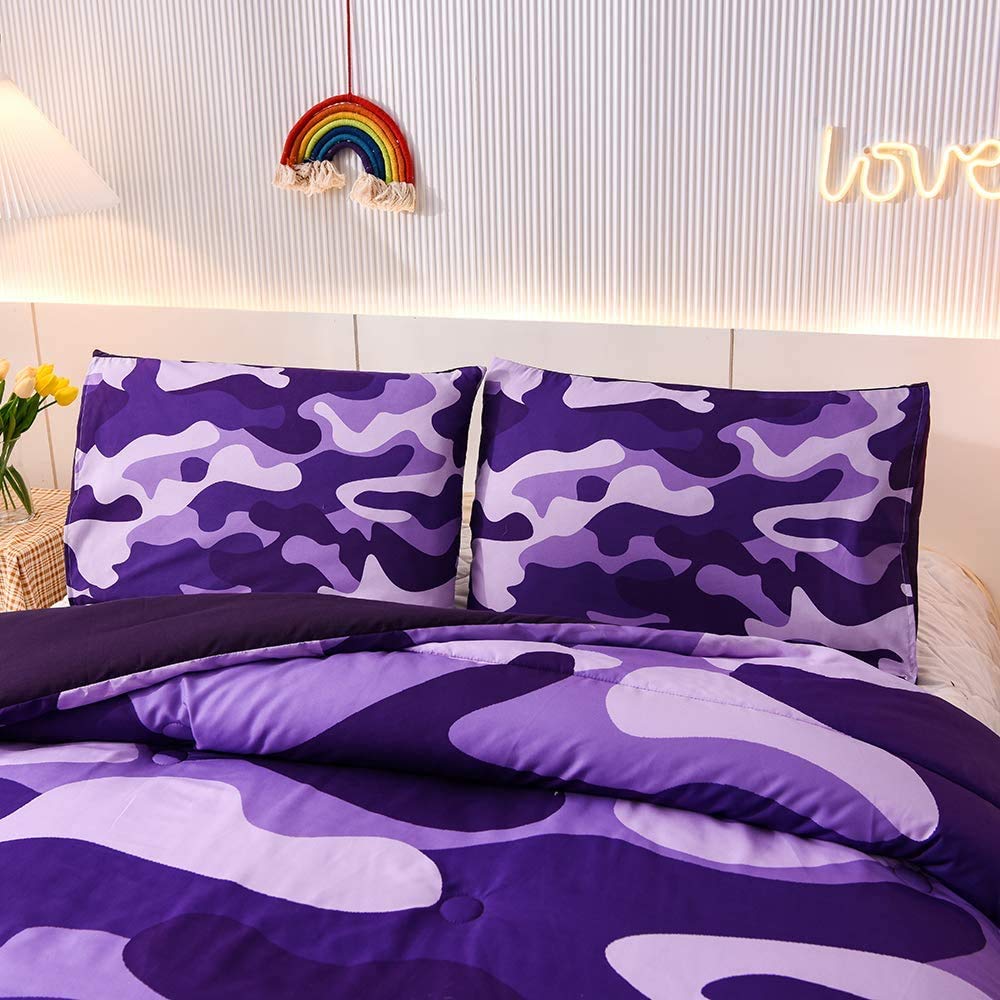 Meeting Story Camo Twin Bedding Set Purple Camouflage Comforter Set, 3 Pcs One Comforter And Two Pillowcases All Season Lightwei