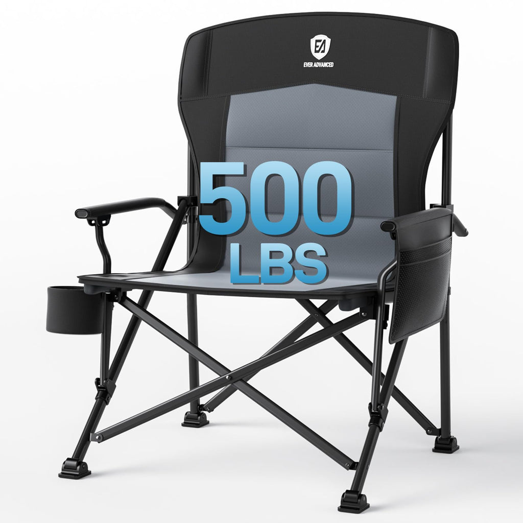 Ever Advanced Oversized Folding Camping Chair For Adults, Heavy Duty Lawn Chair With Side Pockets, Portable Collapsible Quad Chair For Outside, Support Up To 500Lbs, Black