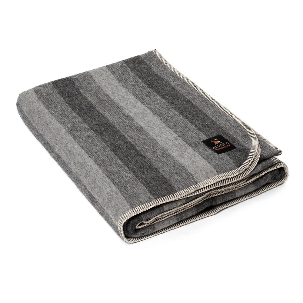 Thick Alpaca Wool Blanket Heavyweight Camping Outdoors Indoors Soft Peru Twin Size Stripes Design (Dark Gray/Soft Gray, Twin Siz
