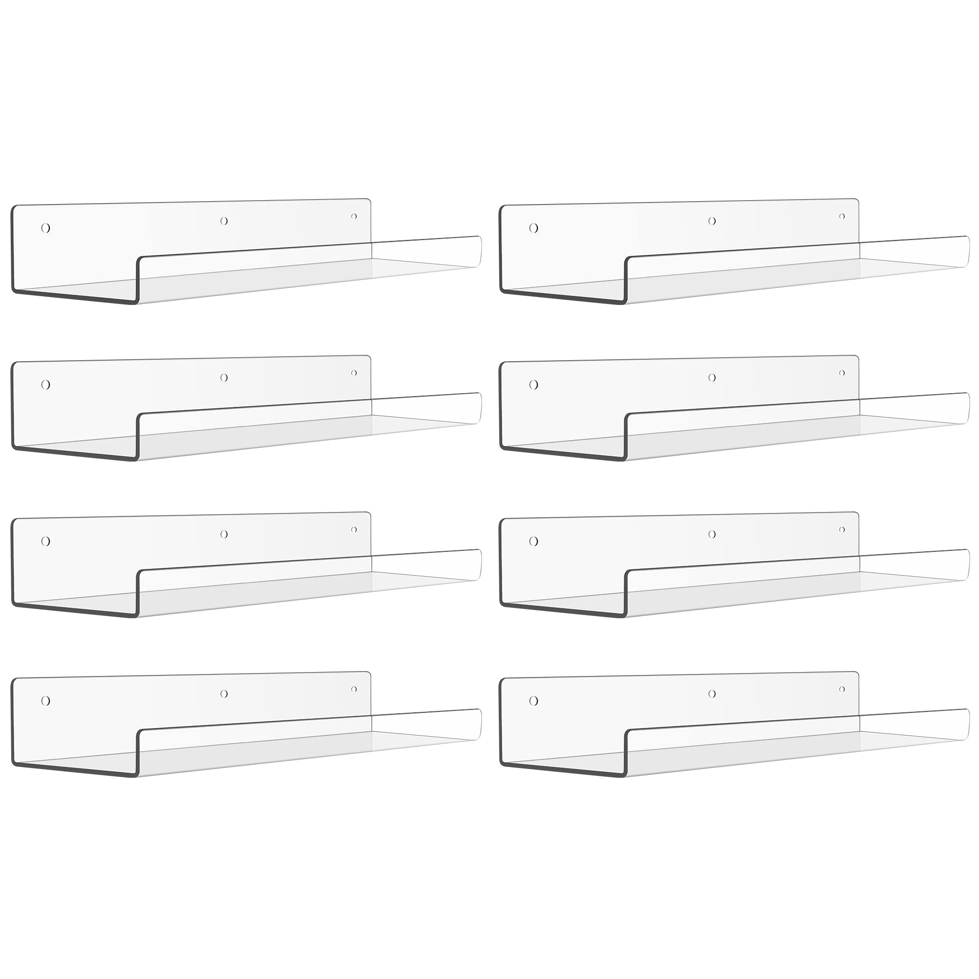 upsimples 8 Pack Acrylic Shelves for Wall Storage, 15 Floating Bookshelves for Kids, Display Shelf Organizer for Bathroom, Bedro