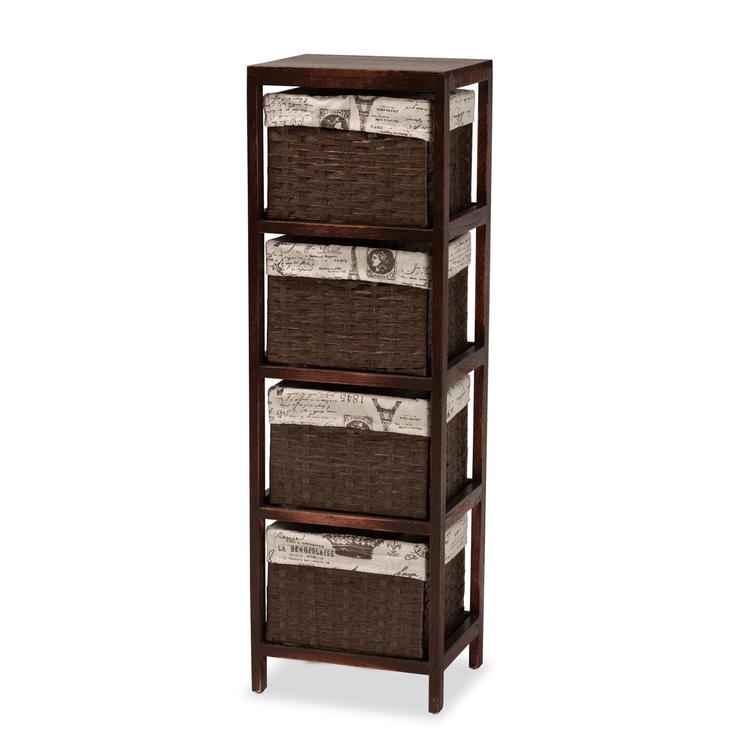 Baxton Studio Bosley Modern French Inspired Walnut Brown Finished Wood 4-Basket Storage Unit, Dark Brown/Beige