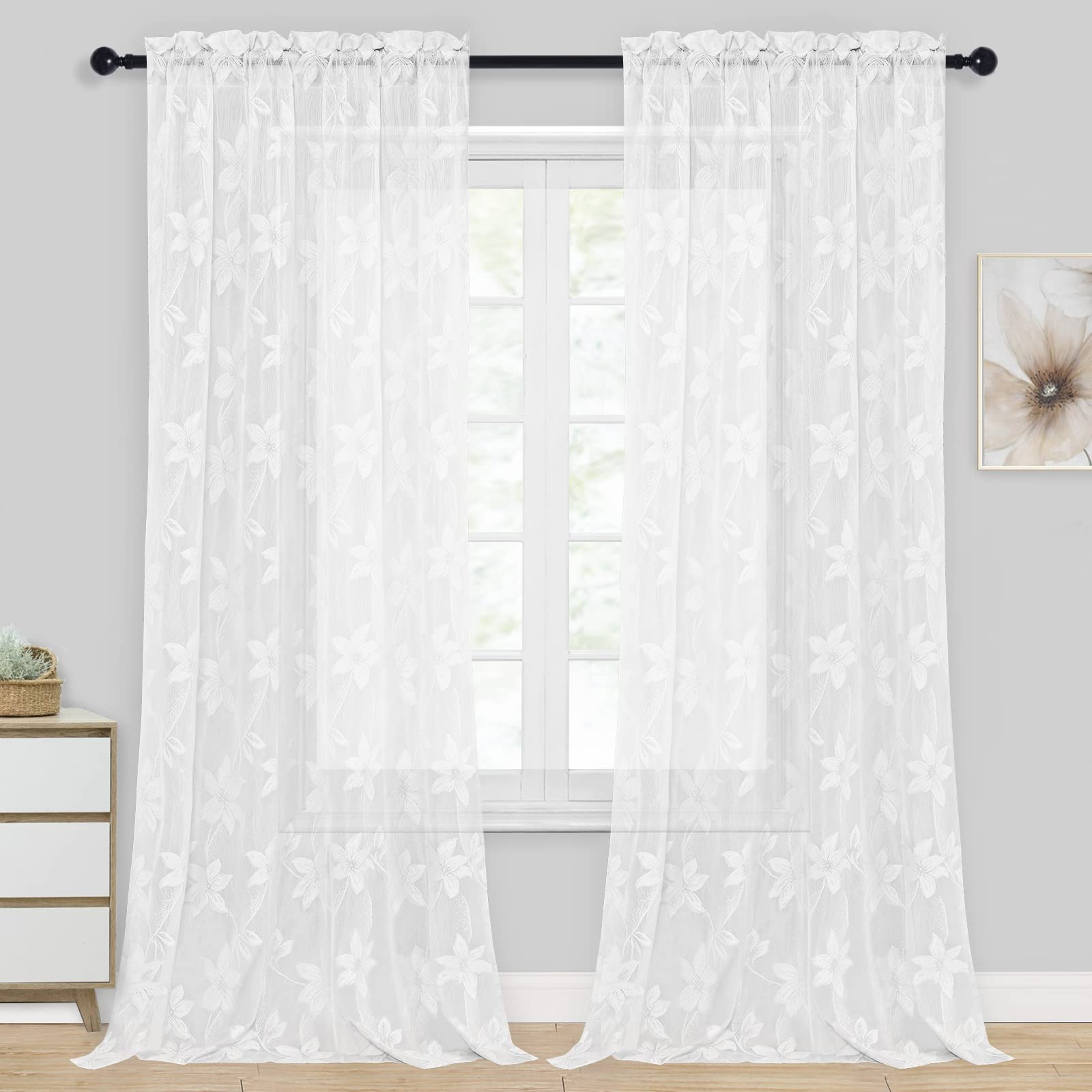 Dwcn White Sheer Curtains - Extra Long Floral Lace Design Rod Pocket Window Voile Sheer Drapes For Girls Bedroom Living Room 42