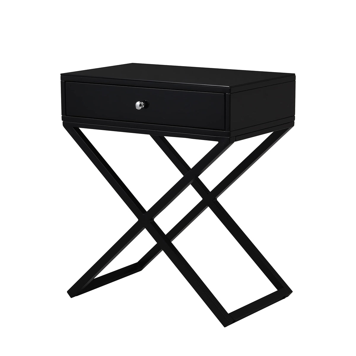 Lilola Home Koda Black Wooden End Side Table Nightstand with Glass Top, Drawer and Metal Cross Base