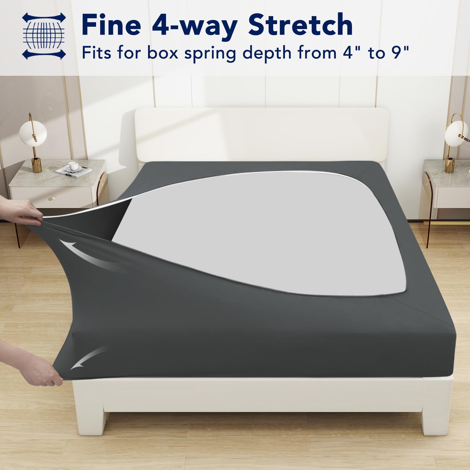 Purefit Stretchy Box Spring Cover Queen - Elastic Fitted Box Spring Wrap Around 4 Sides, Wrinkle & Fading Resistant Fits Queen Size Beds, Dark Gray