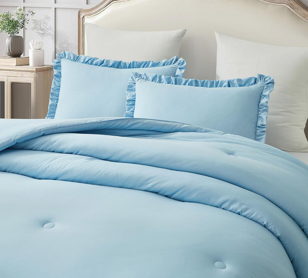 Chezmoi Collection Nora Chambray Blue Comforter Set King Size 3-Piece Fluffy Soft Lightweight Bedding Ruffled Edge Trim Stone-Wa