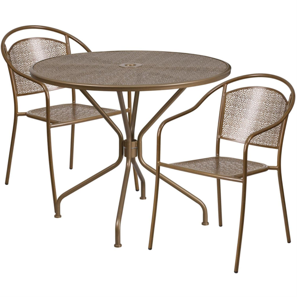 Flash Furniture Commercial Grade 35.25" Round Sky Blue Indoor-Outdoor Steel Patio Table Set with 2 Round Back Chairs