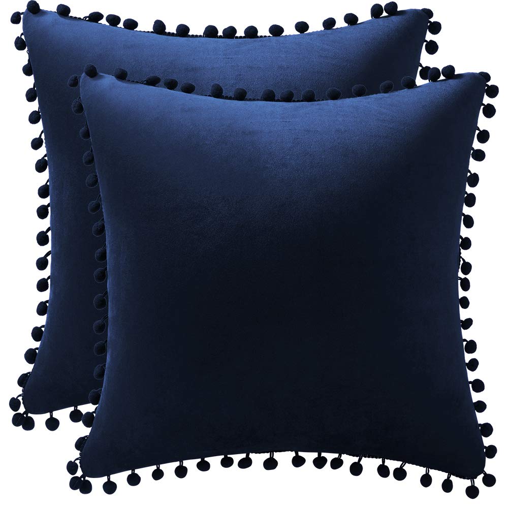 Dezene Couch Pillow Cases 18X18 Navy: 2 Pack Cozy Soft Pom-Poms Velvet Square Throw Pillow Covers For Farmhouse Home Decor