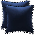 Dezene Couch Pillow Cases 16X16 Navy: 2 Pack Cozy Soft Pom-Poms Velvet Square Throw Pillow Covers For Farmhouse Home Decor