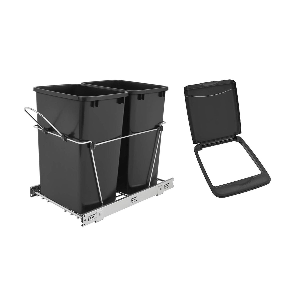 RevAShelf Double Pullout Trash Can 35 qt.& Flip Top Waste Bin Lid, Black