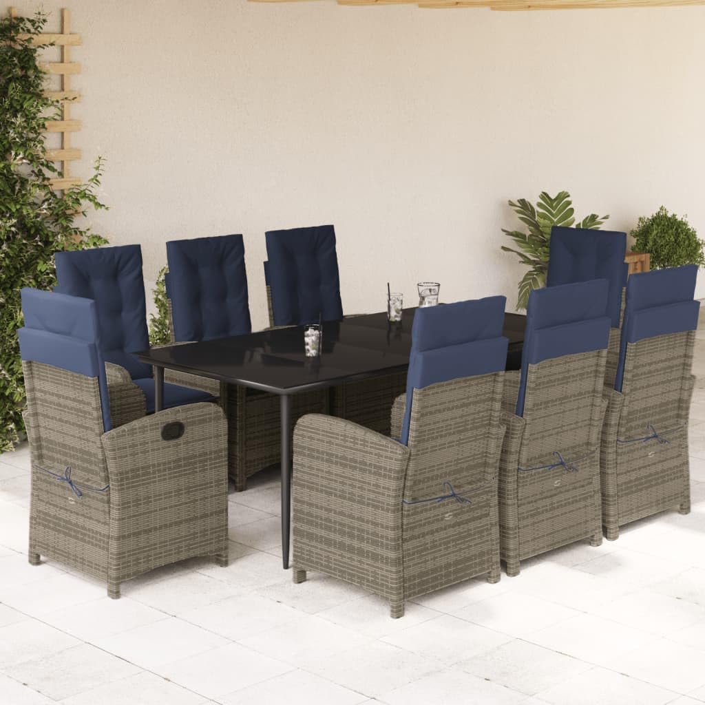 vidaXL 9-Piece Patio Dining Set - Gray Poly Rattan, Navy Cushions, Tempered Glass Table, Adjustable Reclining Chairs with Footrests