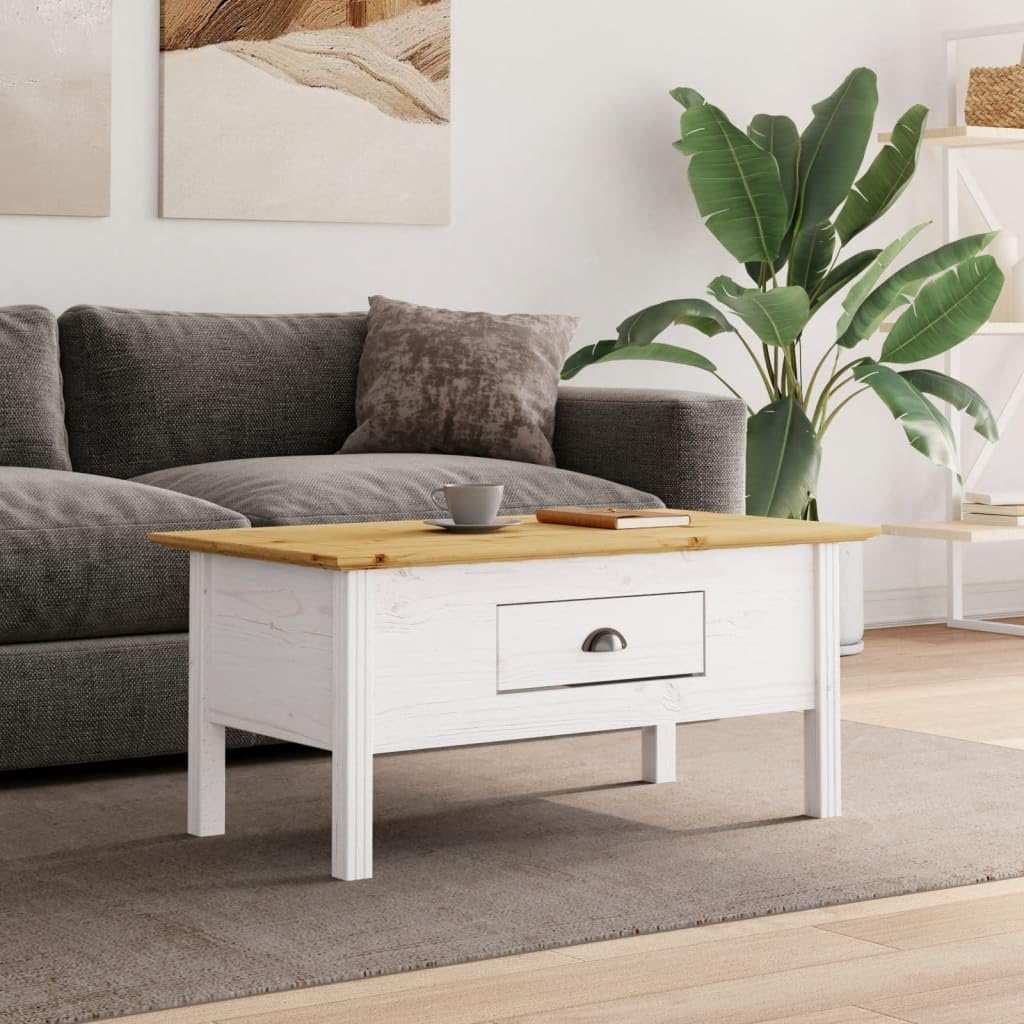 vidaXL BODO Coffee Table - White and Brown - Solid Pine Wood - French Style - with Storage Drawer - 39.4&quot;x21.7&quot;x18.1&quot; - Living Room Furniture