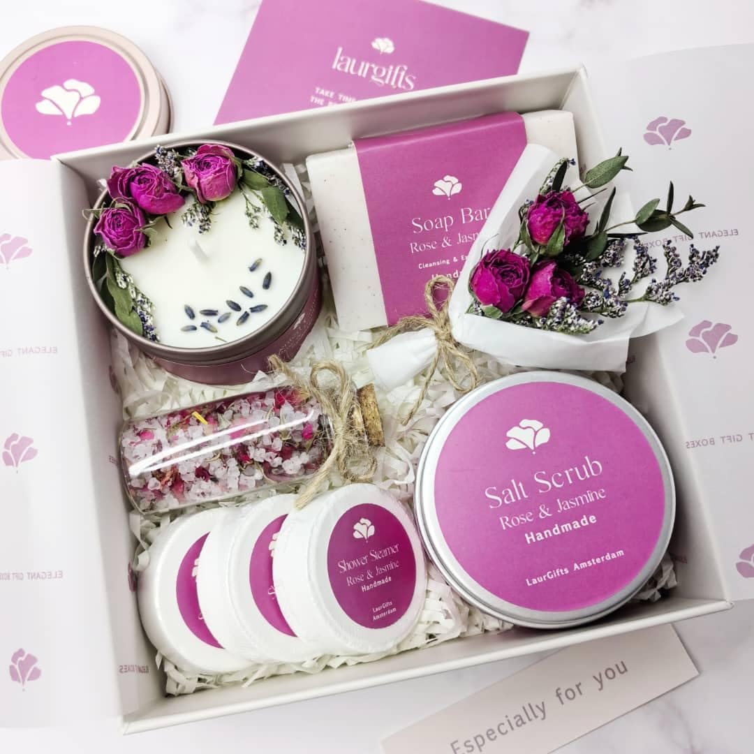 LaurGifts Rose & Jasmine Spa Gift Box for Women - Birthday Gift for Her with Candle & Spa Set - Dutch Flower Fields Inspired Rel