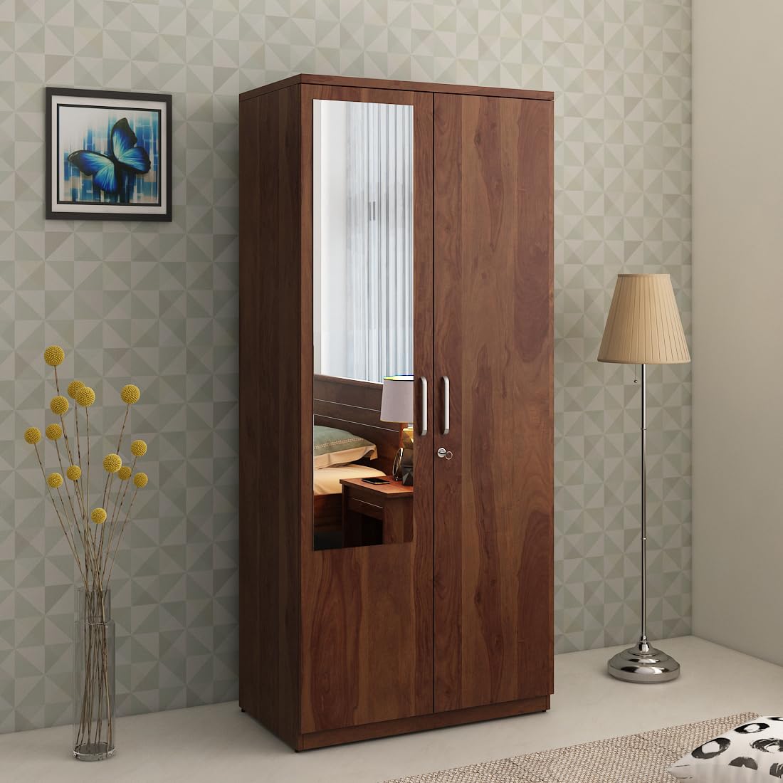 Spacewood Carnival Wardrobe | 3 Year Warranty | Almirah, Cupboard, Almari, 2 Door Wardrobe With Mirror, 1 Hanging Space|Engineer