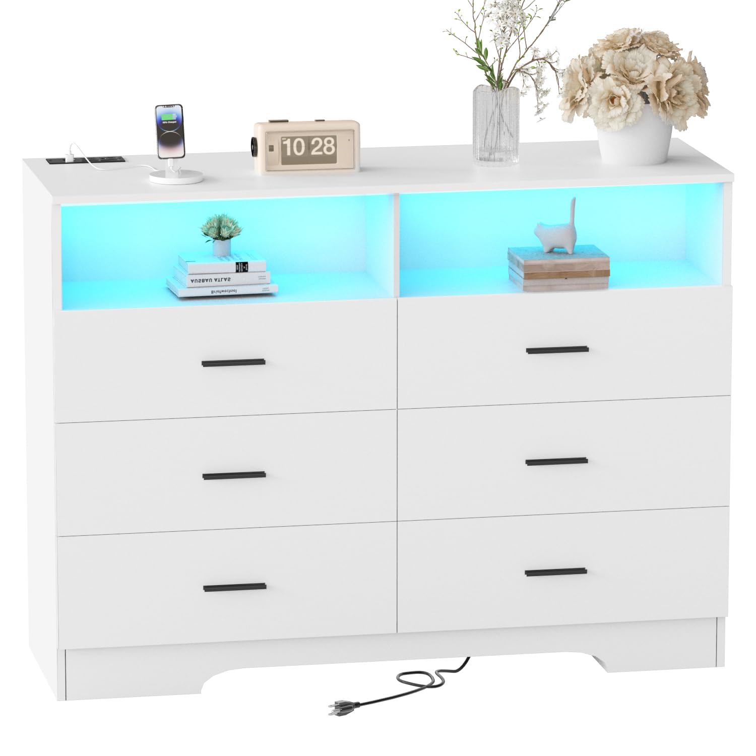 FJTJBSI Dresser with Power Outlets and LED Lights Wooden 6 Drawer Dresser with Large Organizer Tall White Drawer for Bedroom Mod