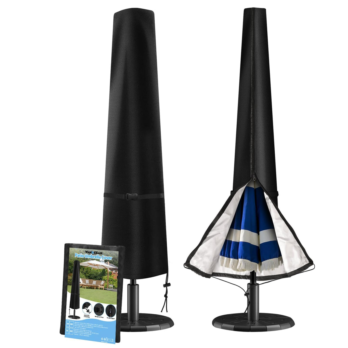 Patio Umbrella Cover Waterproof, Patio Parasol Covers With Zipper For 7Ft To 11Ft Outdoor Garden Market Umbrellas Windproof Anti-Uv Protective Cover (Black)(Fit Market Umbrella 7Ft-11Ft)