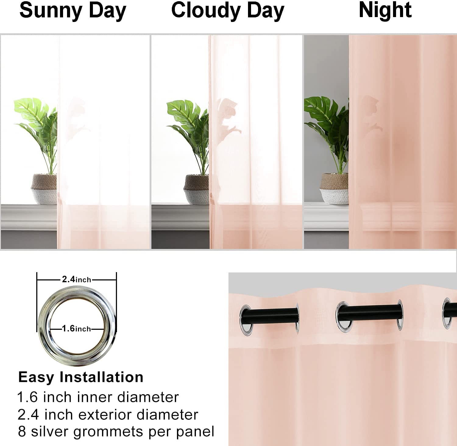 Hiasan Sheer Curtains 96 Inches Long With Tiebacks, Lightweight And Light Filtering Voile Drapes Extra Long Grommet Window Curtains For Bedroom, Living Room, W52 X L96, Blush Pink, 2 Panels