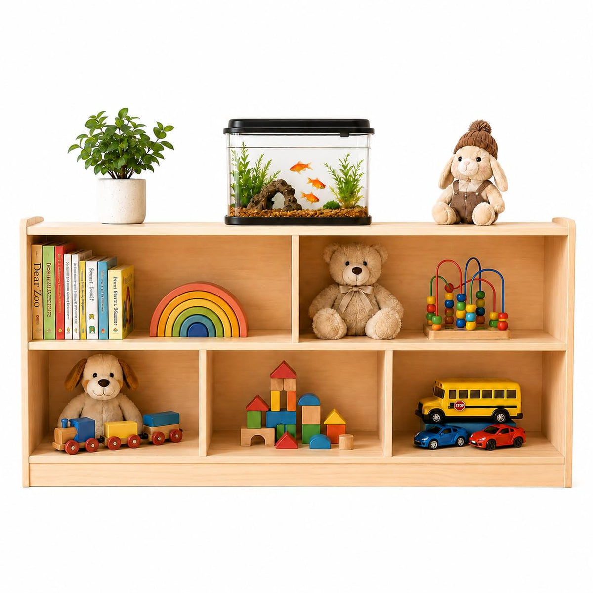 bbgroundgrm Kids Bookshelf and Toy Storage Organizer, Pine Wood Shelf with 5 Open Cubbies, Montessori Bookshelf and Storage Shel