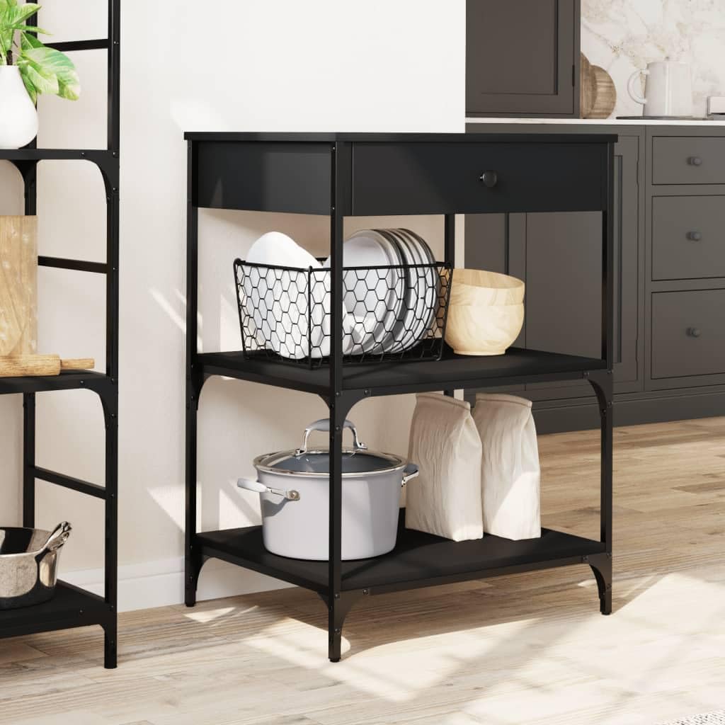 vidaXL Kitchen Trolley in Black - Engineered Wood with Steel Frame, Multiple Shelves and Lockable Wheels, Versatile Organizer for Home Storage 23.6x18.9x35.2