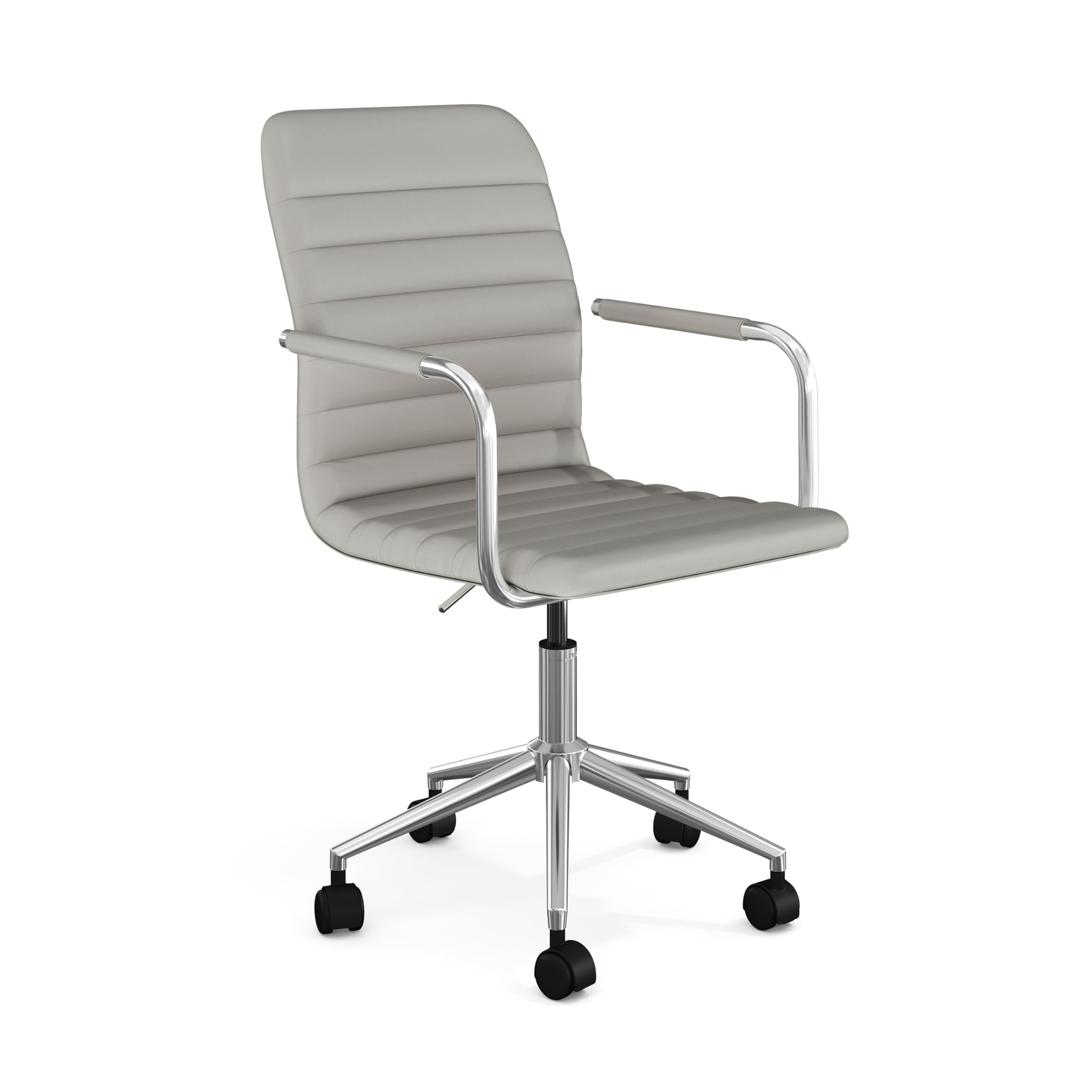 Martha Stewart Taytum Swivel Task Chair With Armrests For Home Office In Gray Faux Leather With Polished Nickel Frame