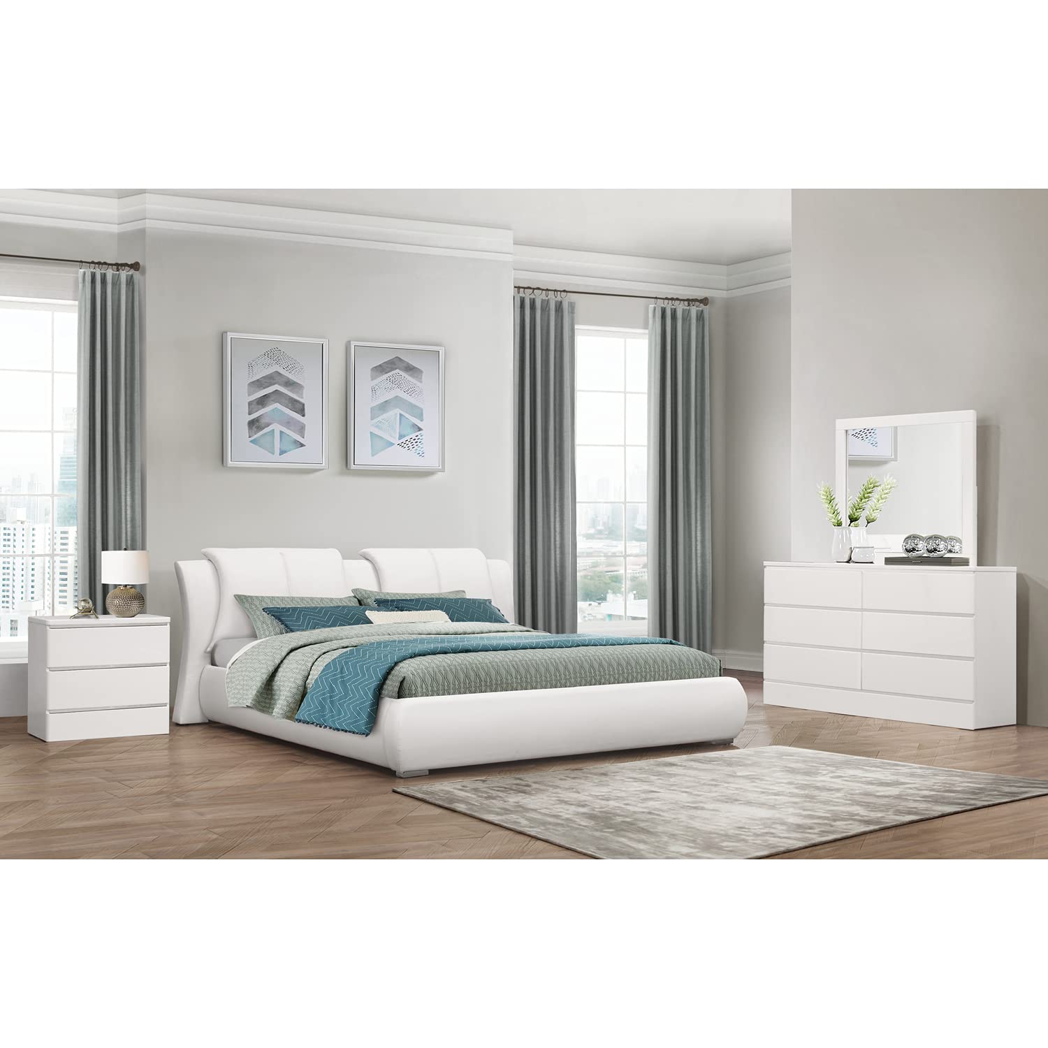 Global Furniture, King, White Upholstered Bed