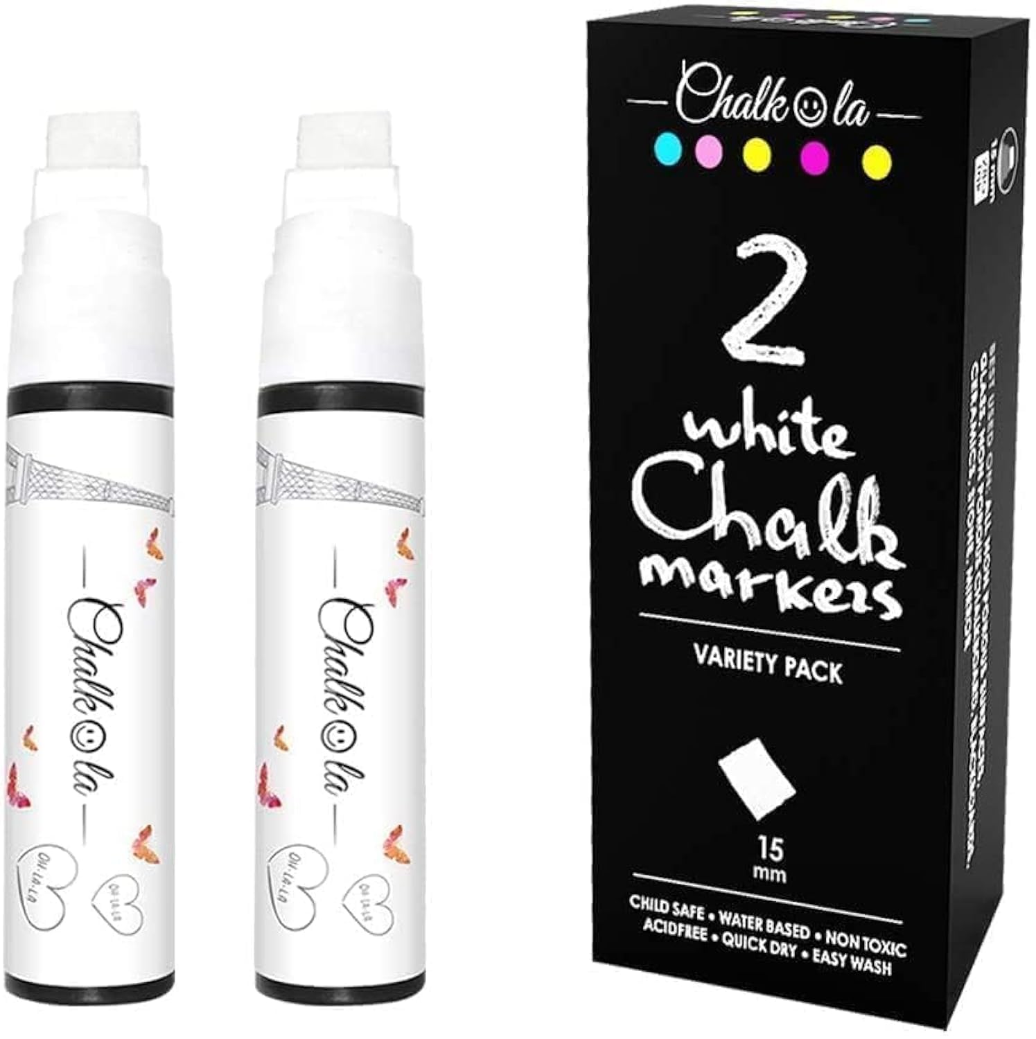 White Jumbo Chalk Markers - 15Mm Window Markers | Pack Of 2 White Pens - Use On Cars, Chalkboard, Whiteboard, Blackboard, Glass,