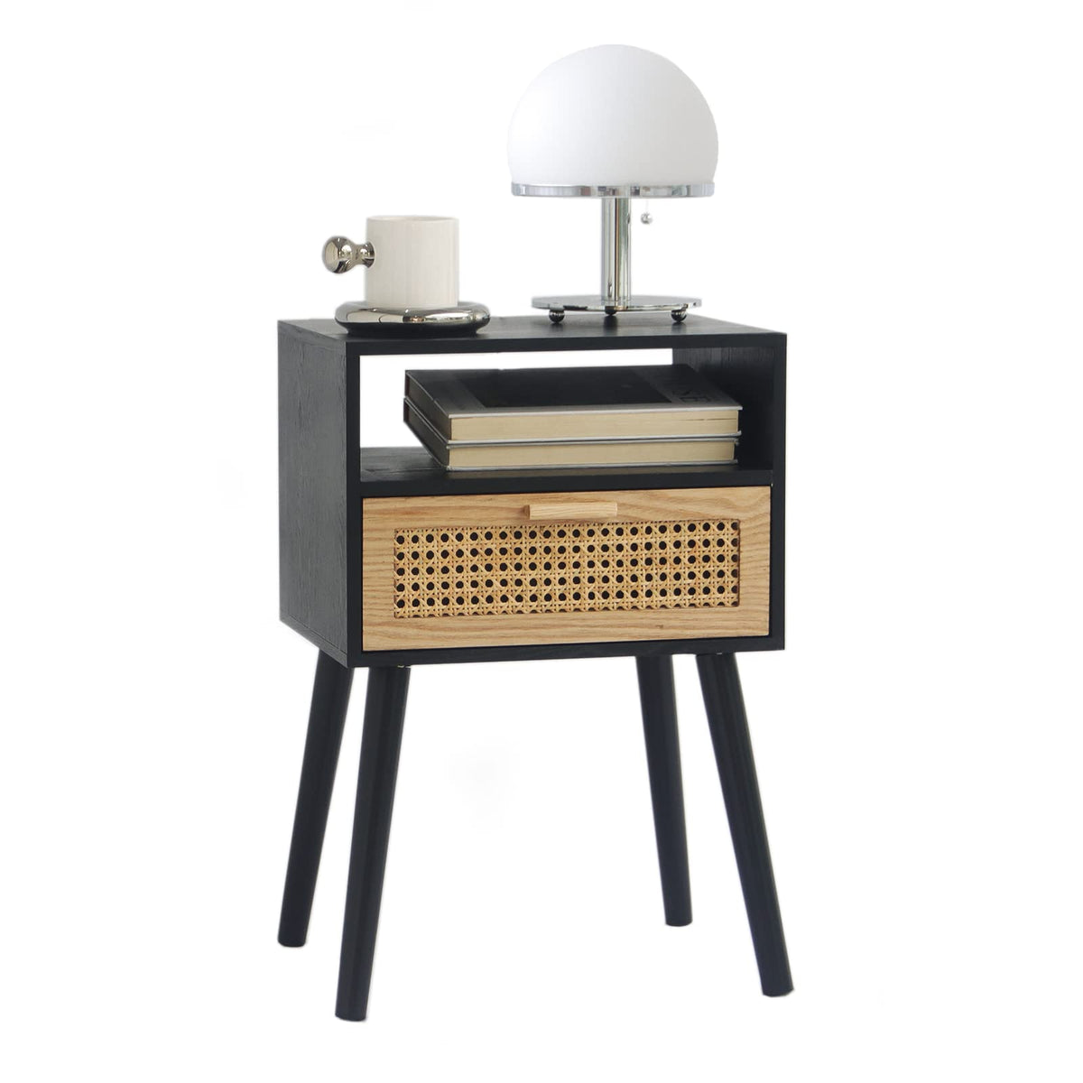 Maxsmeo End Table With Storage Mid Century Nightstand With Rattan Drawer And Shelf, Wood Small Side Coffee Table For Small Space, Living Room And Bedroom, Easy Assembly (Black)