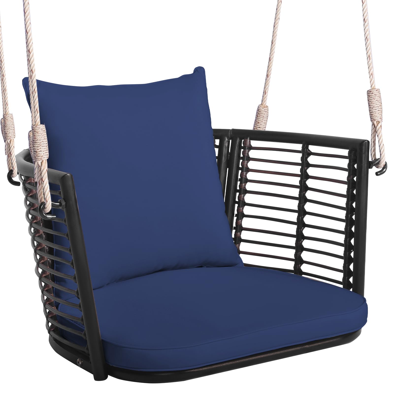 Tangkula Outdoor Metal Porch Swing, Single Person Hanging Seat W/Woven Rattan Backrest, 2 Sturdy Hanging Ropes, Seat & Back Cushions Included, Heavy-Duty Swing Chair For Front Porch, Backyard (Navy)