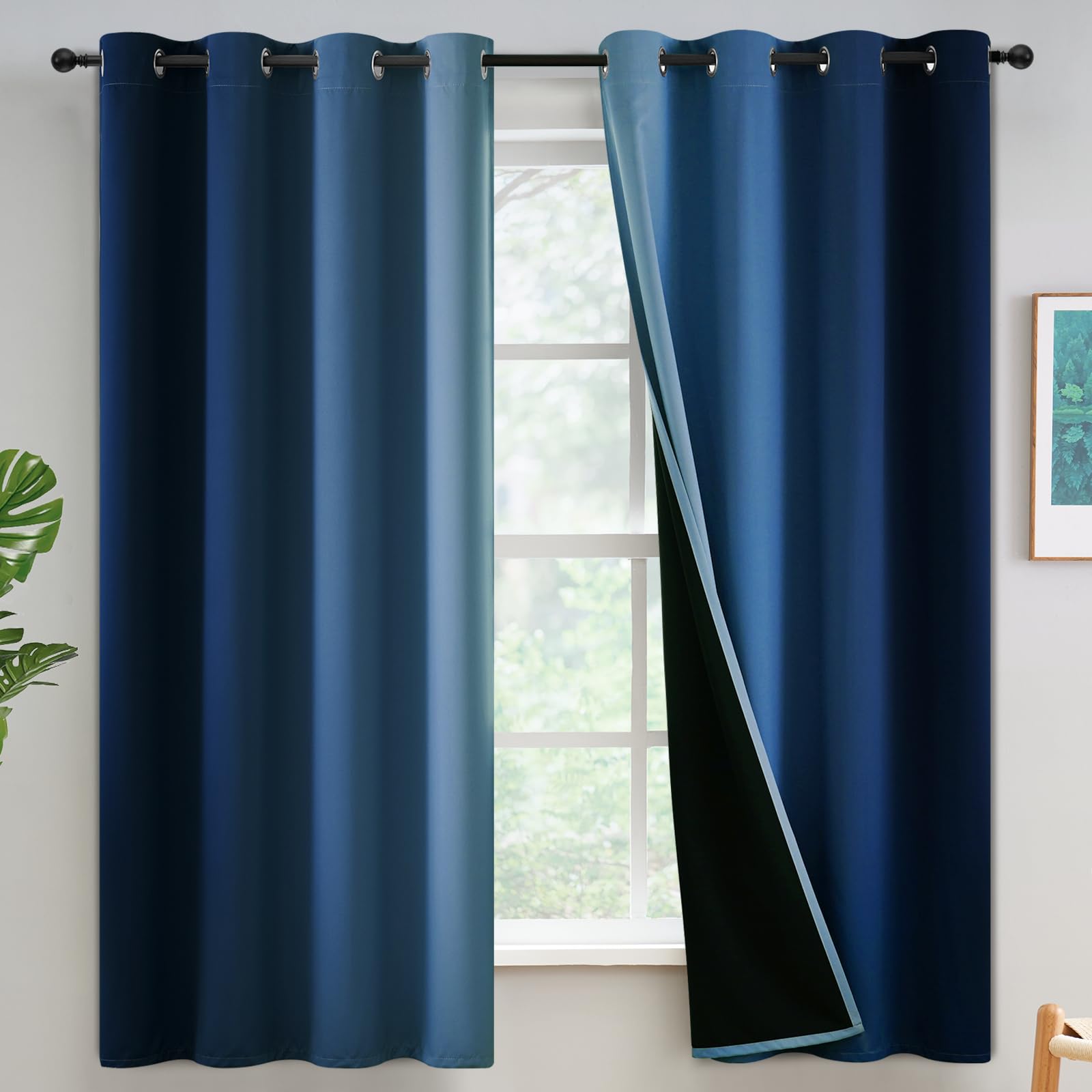 Yakamok Blue 100% Blackout Curtains For Bedroom,Ombre Room Darkening Curtains For Living Room Grommet Window Curtains 63 Inches