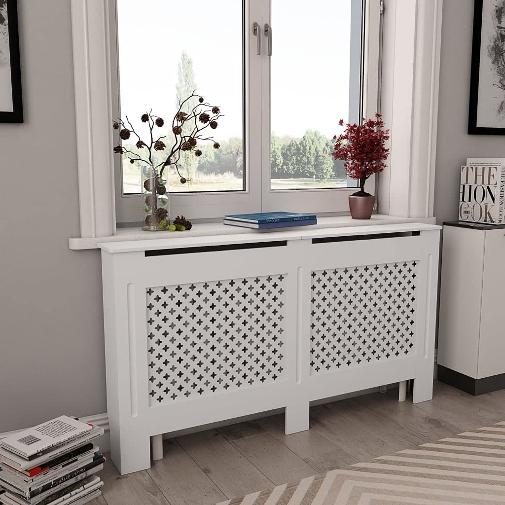 vidaXL Radiator Covers - Set of 2, White, Durable MDF, Modern Slatted Design, Ideal for Living Room Decor, 59.8&quot;x7.5&quot;x32.1&quot; Size