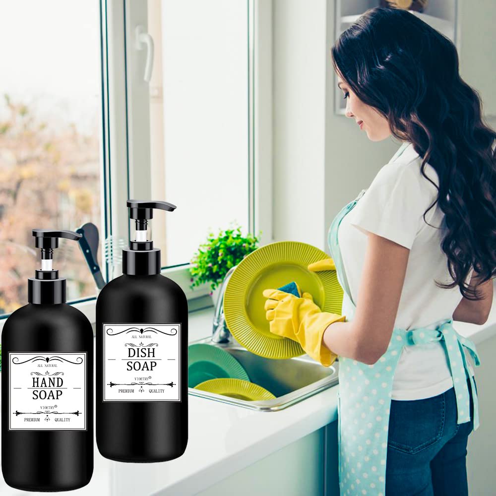 Black Soap Dispenser With Rust Proof Pump, Waterproof Labels (2 Pack,16 Oz) Bathroom, Plastic Hand Dish Soap Dispenser For Kitch