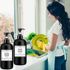 Black Soap Dispenser With Rust Proof Pump, Waterproof Labels (2 Pack,16 Oz) Bathroom, Plastic Hand Dish Soap Dispenser For Kitch