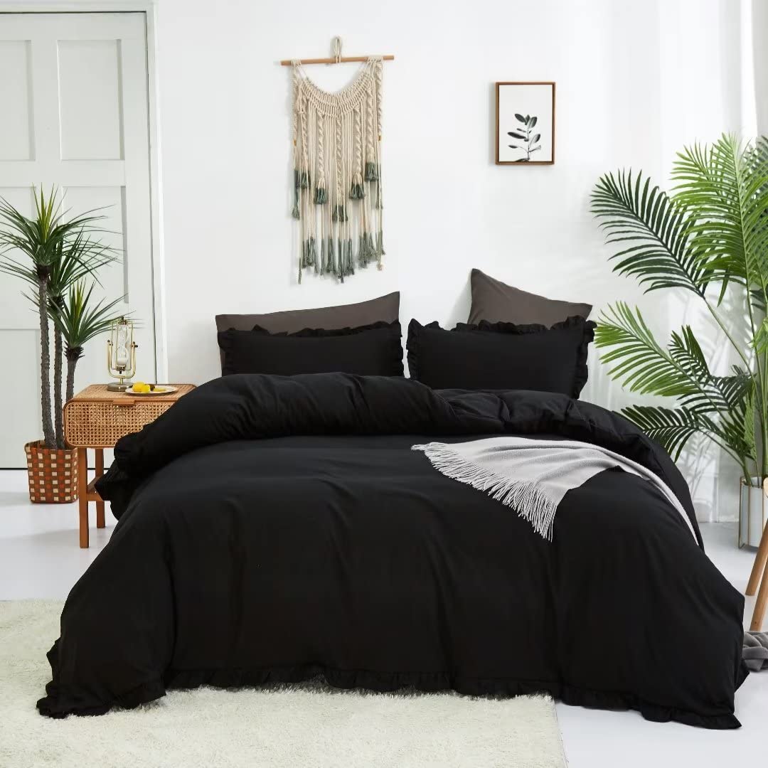 Clothknow Black Comforter Set Full Black Ruffle Bedding Comforter Sets Full Men Boys Women Comforter All Black Bedding Ruffle Comforter Farmhouse Comforter Shabby Chic Bedding