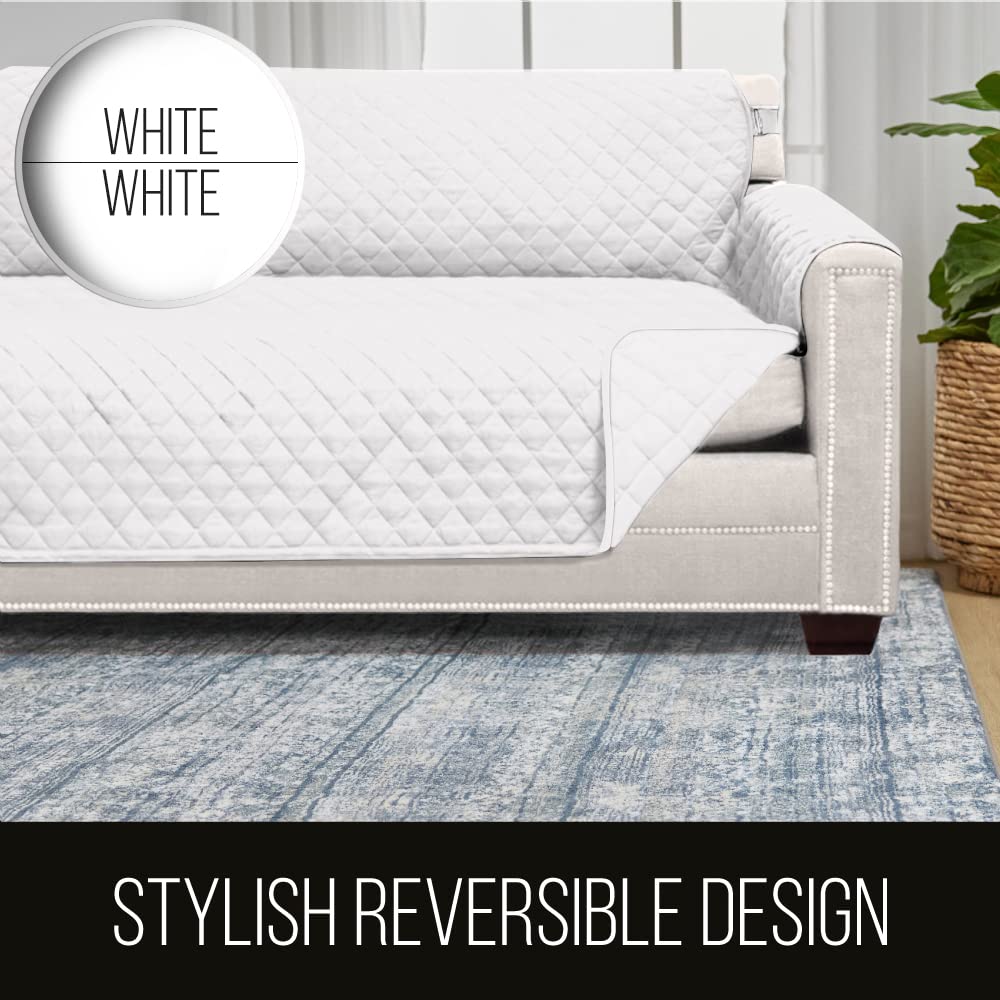 Sofa Shield Patented Couch Slip Cover, Large Cushion Protector, Reversible Stain And Dog Tear Resistant Slipcover, Quilted Microfiber 62” Seat, Washable Covers For Dogs Pets Kids, White