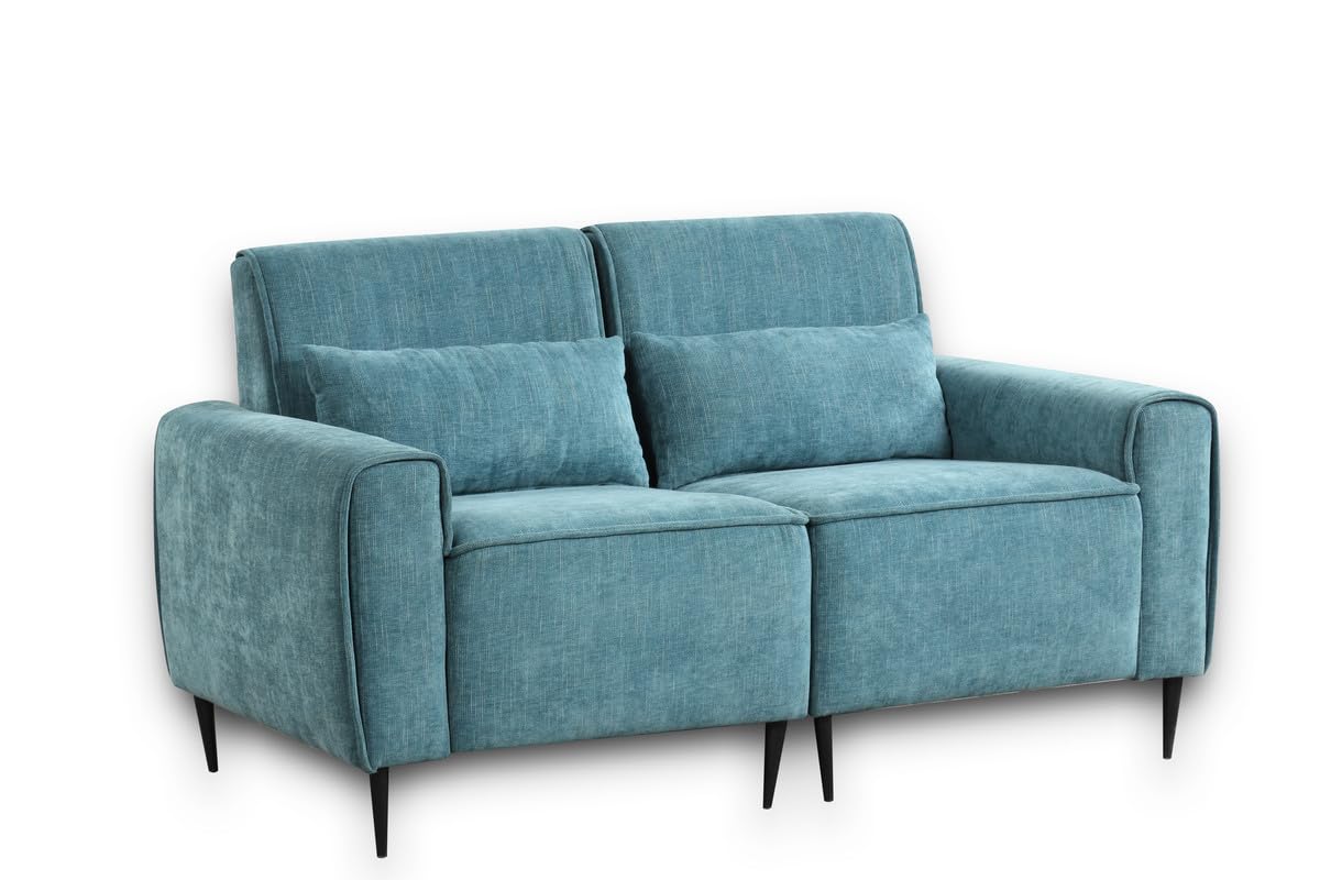 Lilola Home Valentina Blue Chenille Loveseat with Metal Legs and Throw Pillows