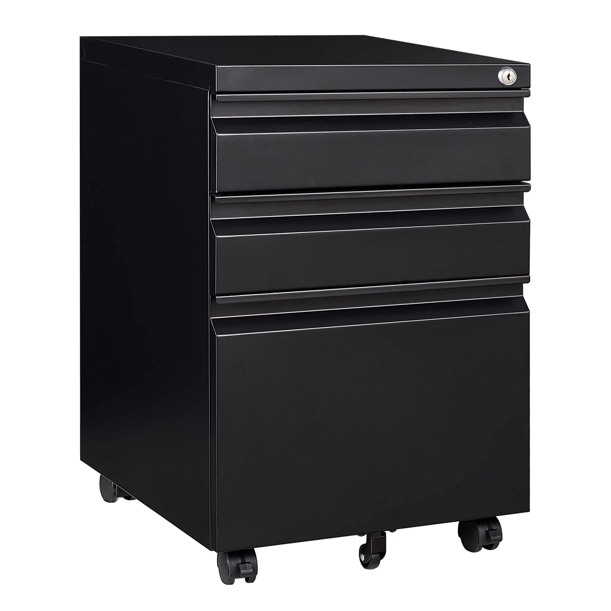 3 Drawer File Cabinet with Lock,Under Desk File Cabinet with Wheels,Black Rolling Filing Cabinets,Three Drawer Metal Filing Cabi