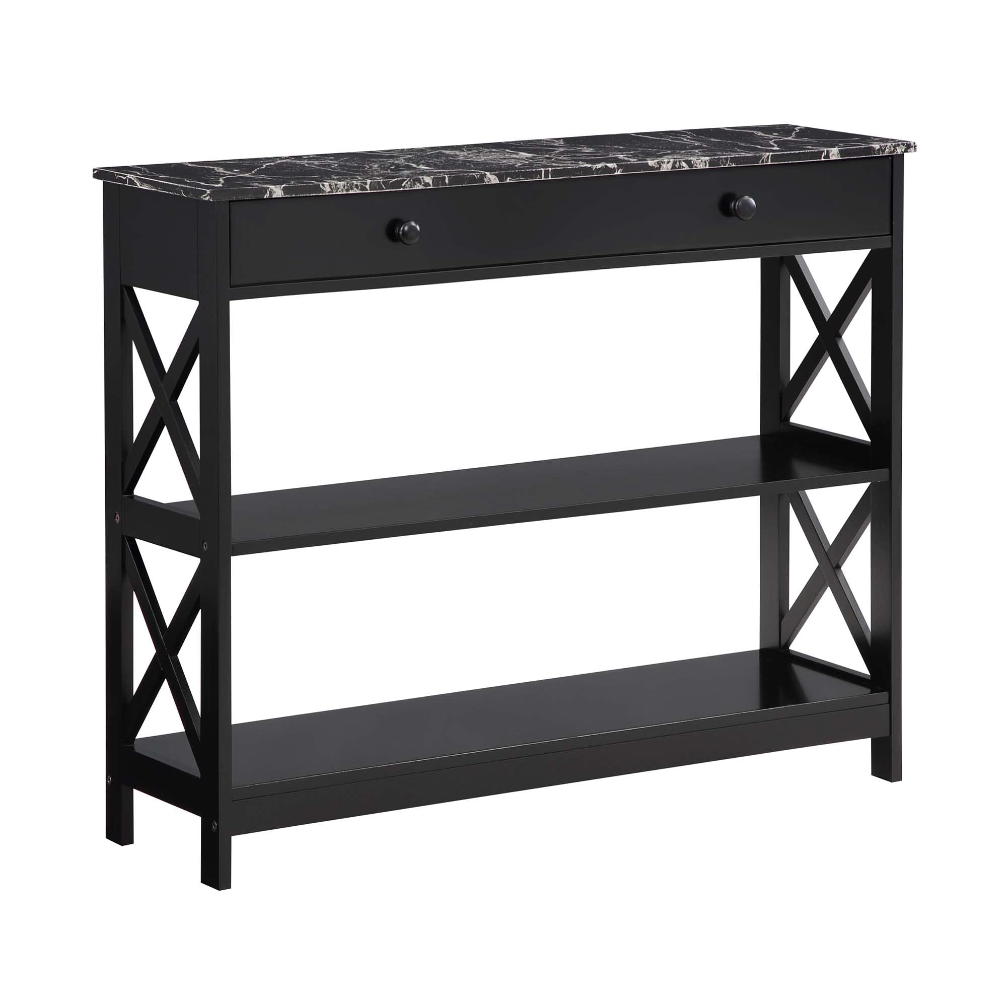 Convenience Concepts Oxford 1 Drawer Console Table With Shelves, Black Faux Marble/Black