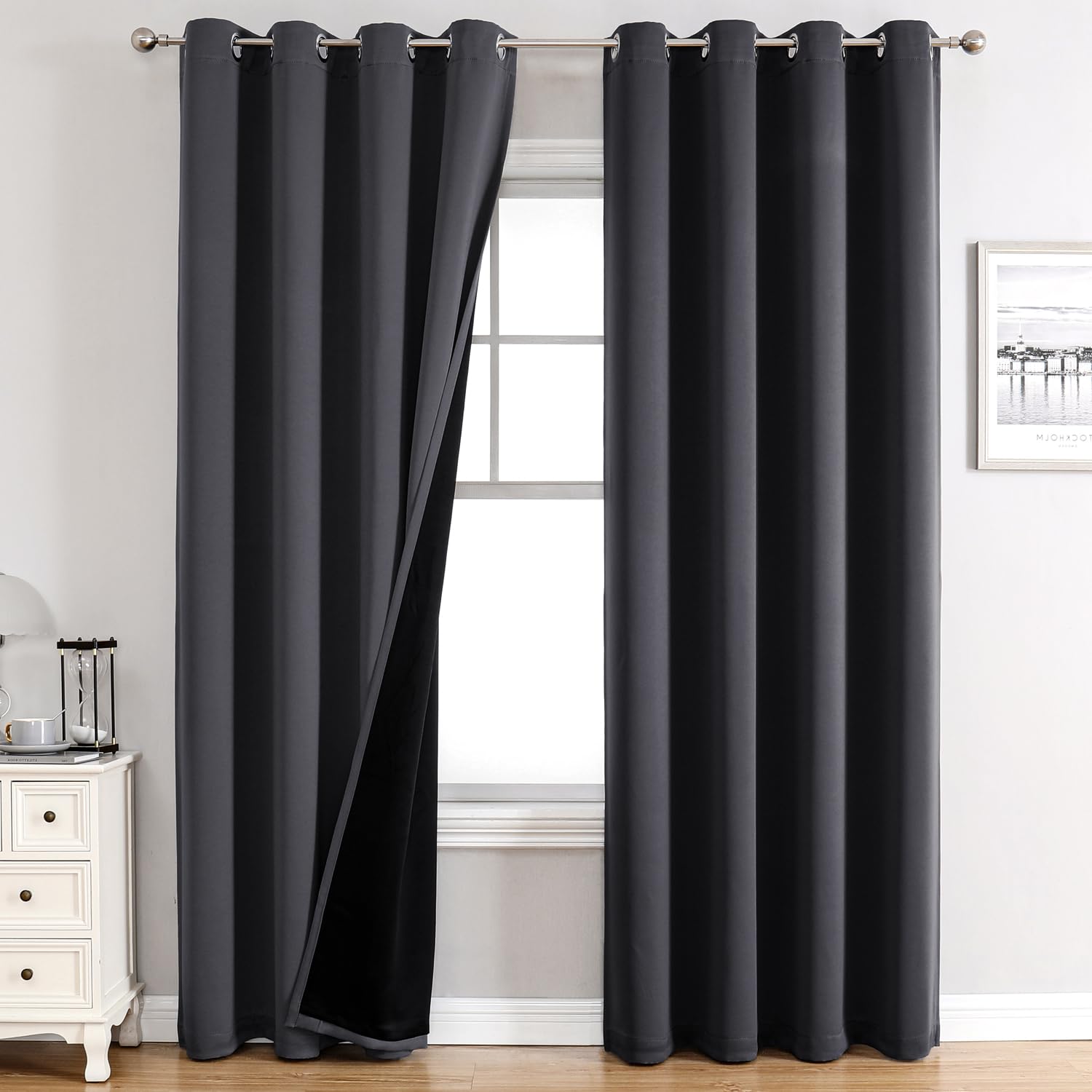 Chrisdowa 100% Blackout Curtains 120 Inch Long For Bedroom With Black Liner, 2 Thick Layers Total Blackout Thermal Insulated Gro