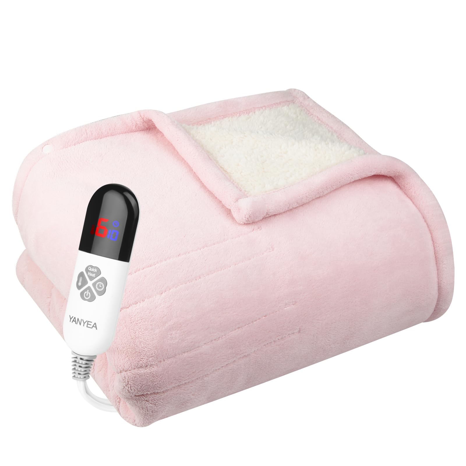 Yanyea Electric Heated Throw Blanket Sherpa 50'X60' Pink Machine Washable 6 Heat Settings 4 Hours Auto Off Overheat Protection