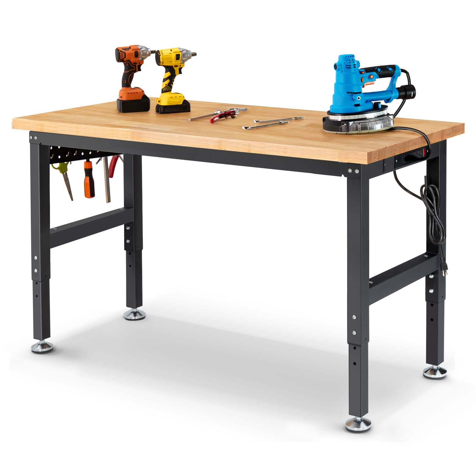 Enjoywood 60 Inch Workbench For Garage Adjustable Height Work Bench With Pegboard Power Outlets Rubber Wood Tabletop Work Table
