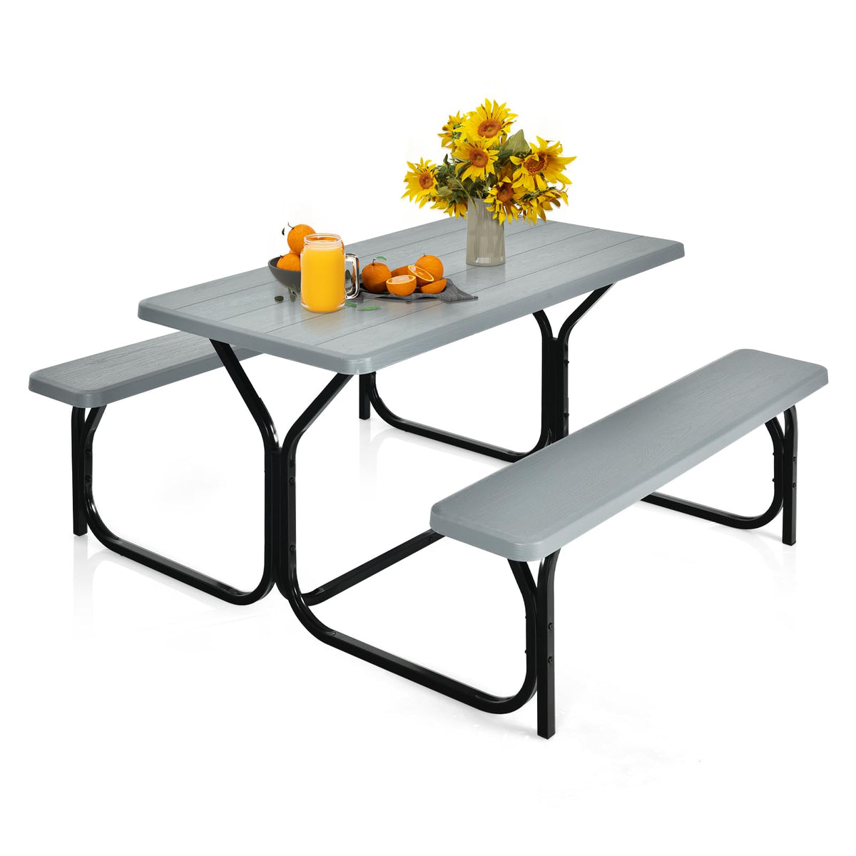 Medimall Picnic Table, Portable Picnic Tables With Benches, Plastics Picnic Table Bench Set With Metal Frame & All Weather Tabletop, Large Camping Picnic Table For Outdoors, Backyard, Garden (Gray)