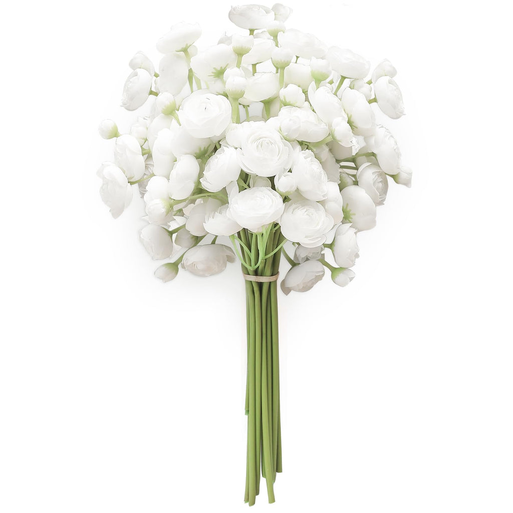 Floroom Ranunculus Artificial Flowers 18 Pcs White Faux Silk Mini Ranunculus Bulk Fake Wedding Filler Flowers for DIY Bouquets, 