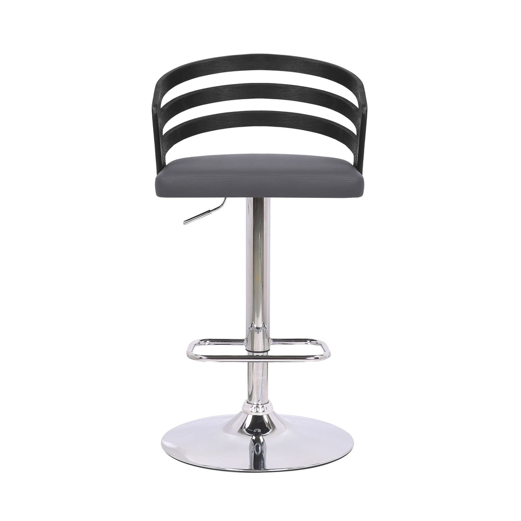 HomeRoots Wood, Metal, Foam Faux Leather Gray Faux Leather Black Wood and Chrome Adjustable Swivel Bar Stool